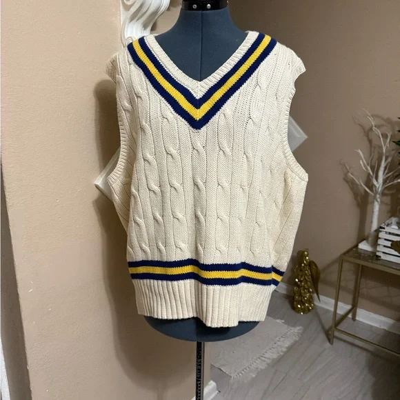 Polo Ralph Lauren Cream Cable Knit Vest with Blue and Yellow Stripes - Picture 1 of 9